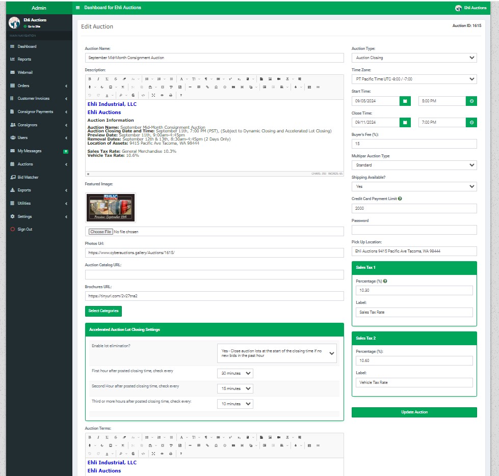 Auction Setup Page Screenshot for CyberAuctions